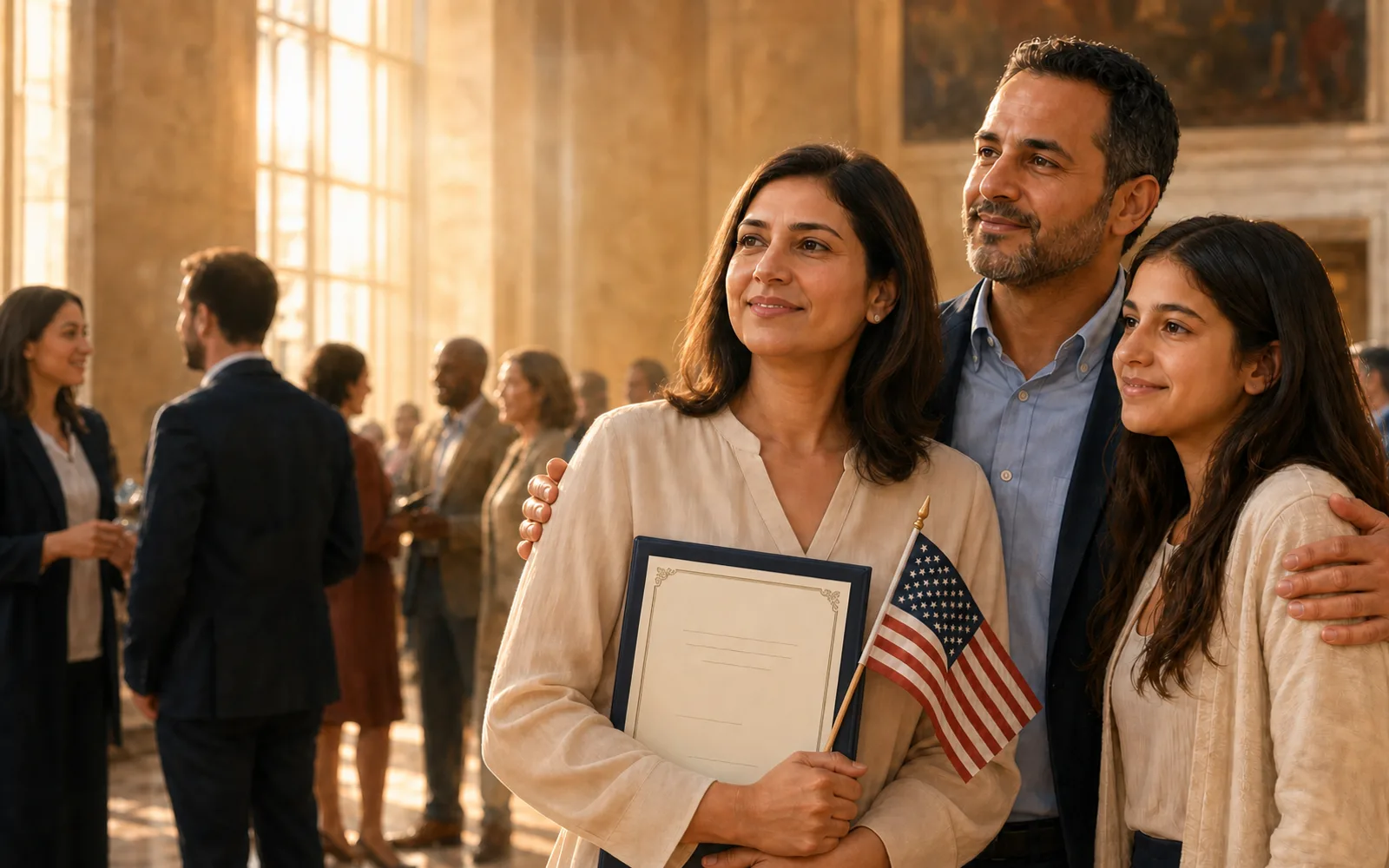 A family after a naturalization ceremony, holding a small American flag and a certificate.