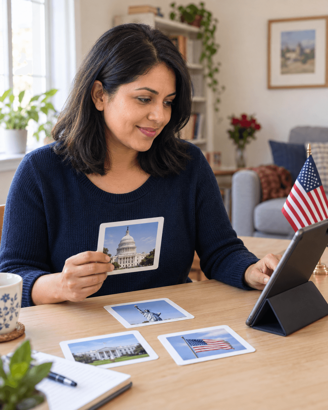 A woman sits with a laptop, working through citizenship interview questions.