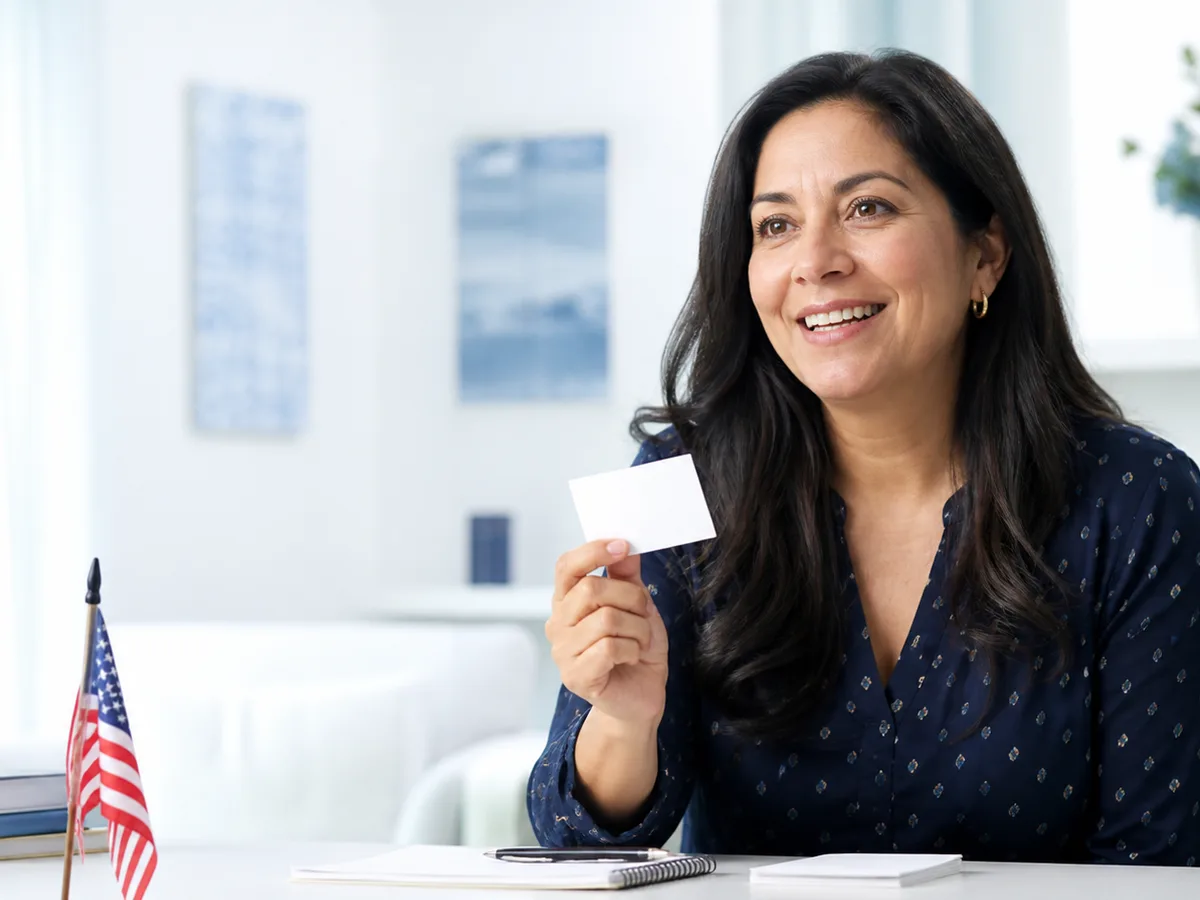 A smiling woman sits at a desk with a small American flag and a notebook, holding up a study card as she practises answering a citizenship question aloud.