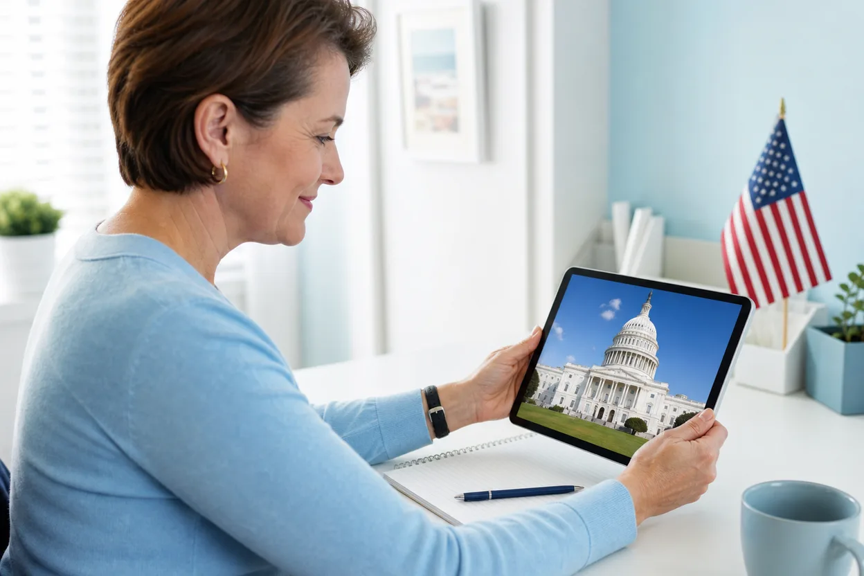 An adult learner studying the U.S. Capitol on a tablet