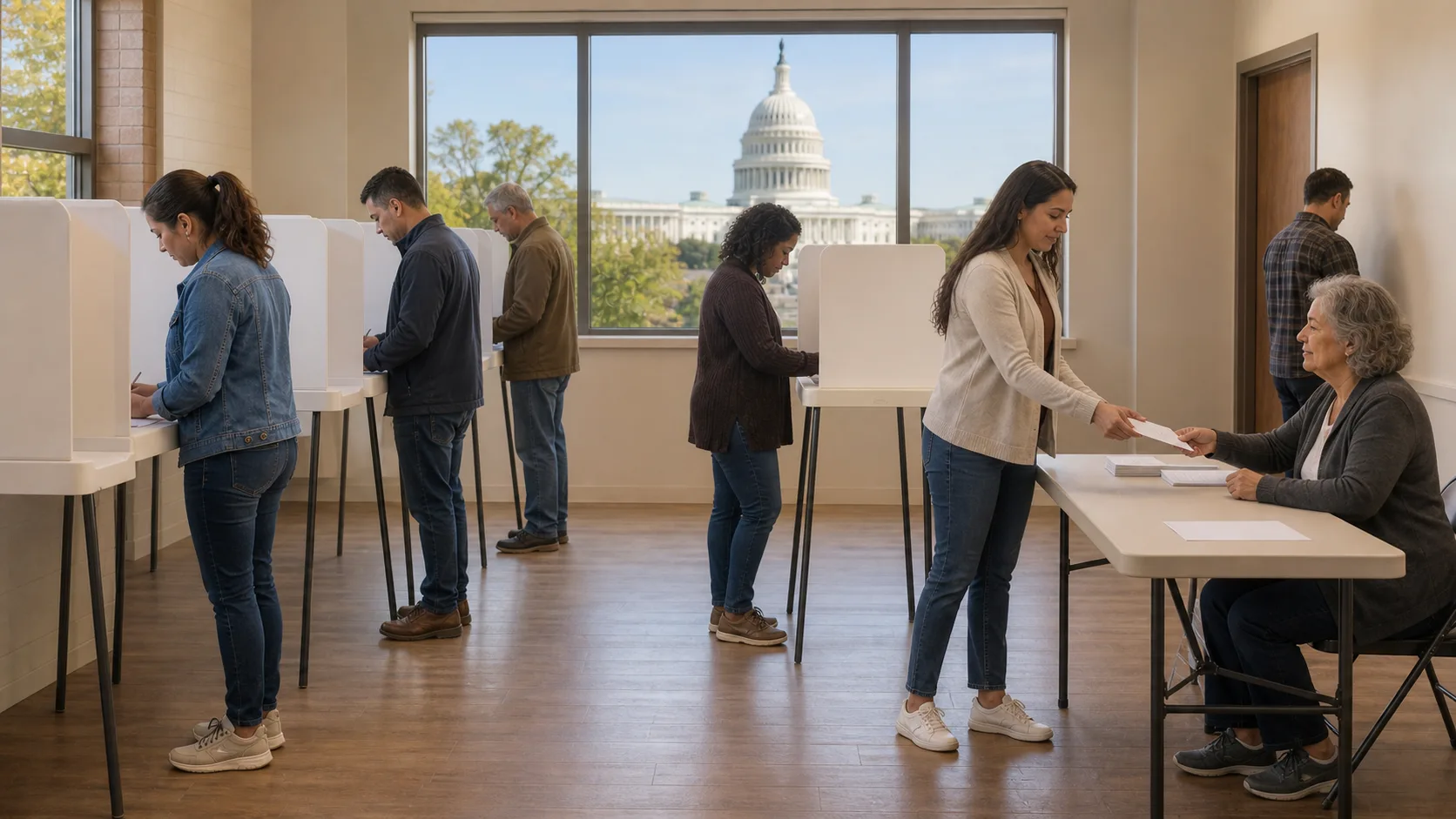 Voters fill in ballots at privacy booths in a polling place, with the dome of the U.S. Capitol visible through the window behind them.