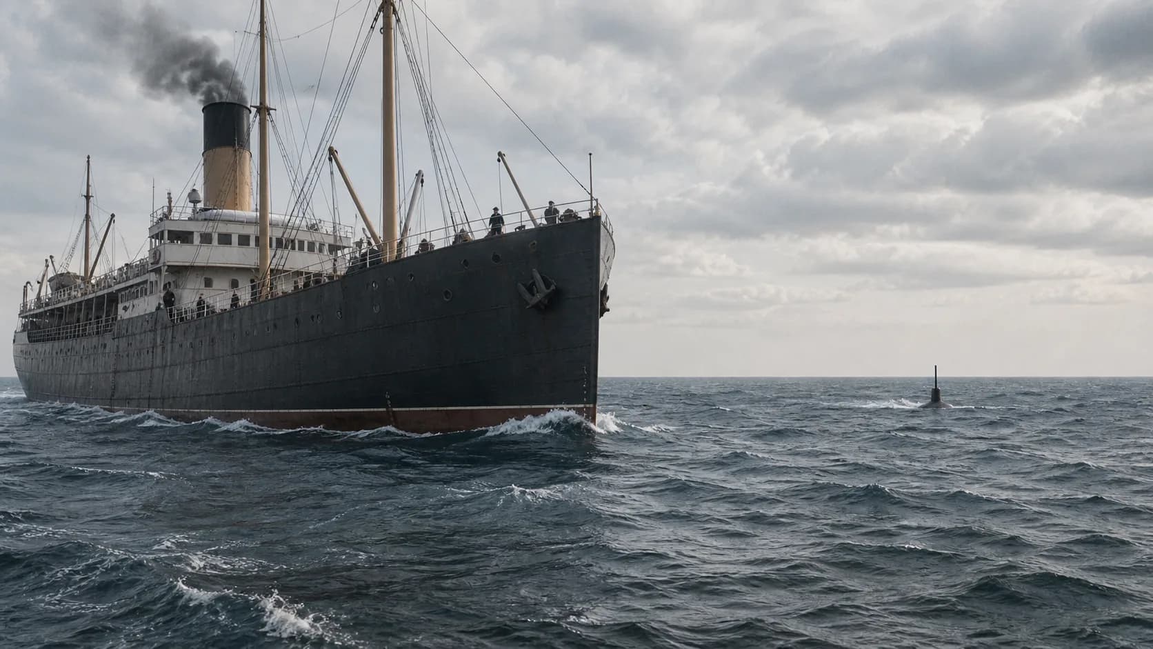 A merchant steamship crosses open water with a submarine surfacing close behind it.