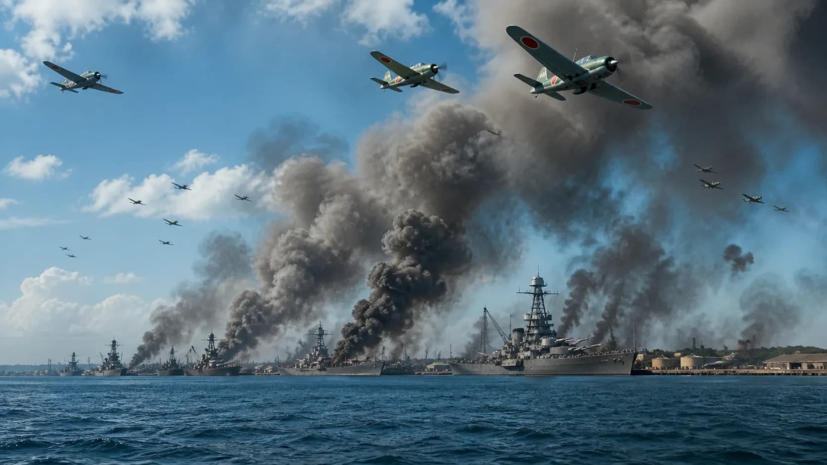 Aircraft pass overhead as warships burn and smoke pours across a naval harbor.