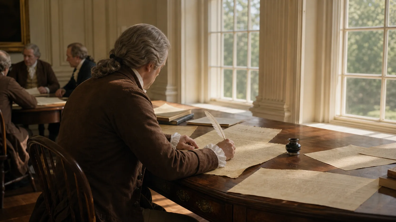 A man in a powdered wig writes with a quill at a desk while other colonial delegates work at tables behind him.