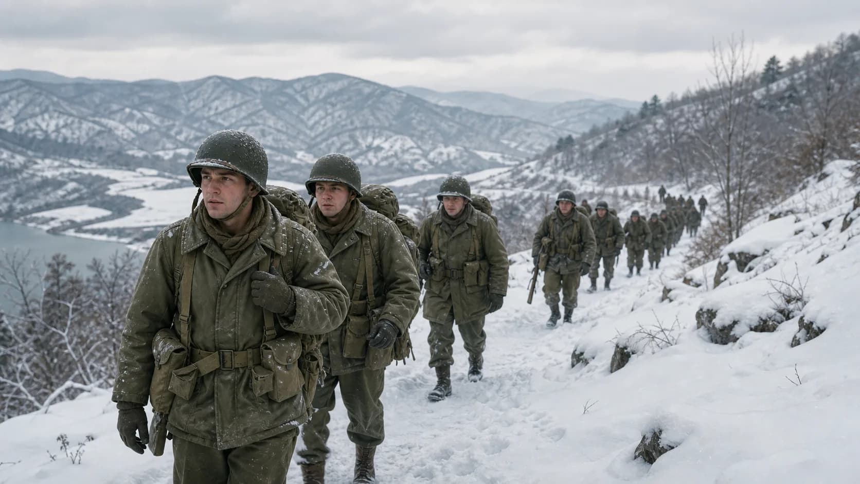 Soldiers in winter gear walk single file along a snow-covered mountain ridge.