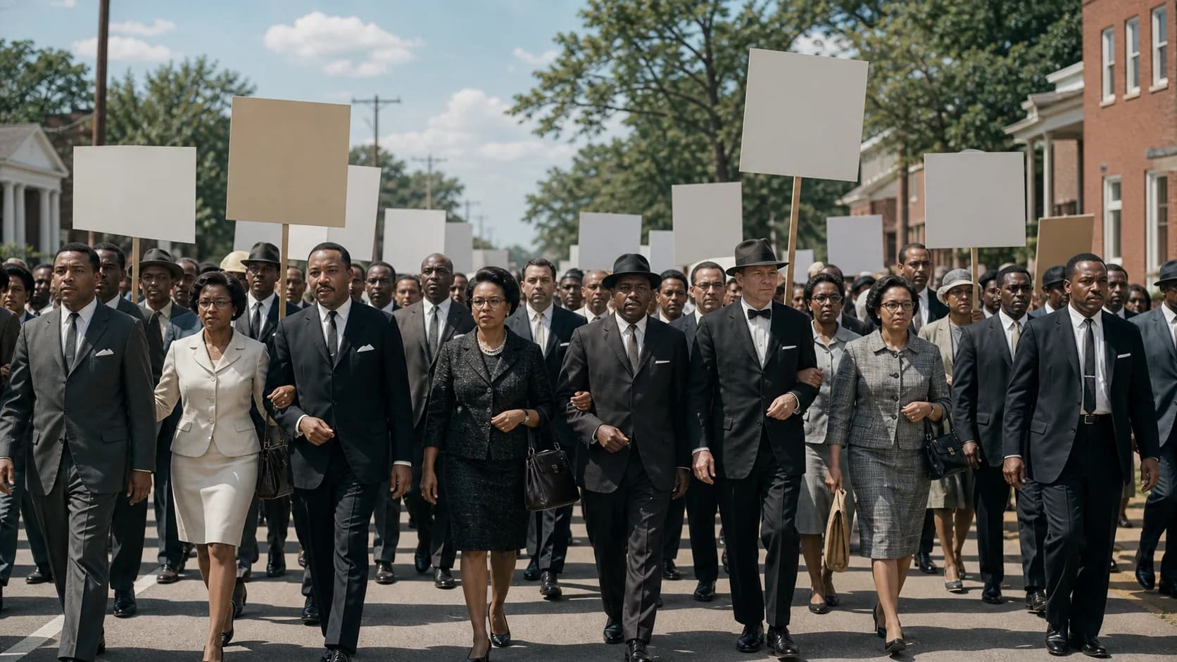 Marchers walk arm in arm down a street carrying placards.