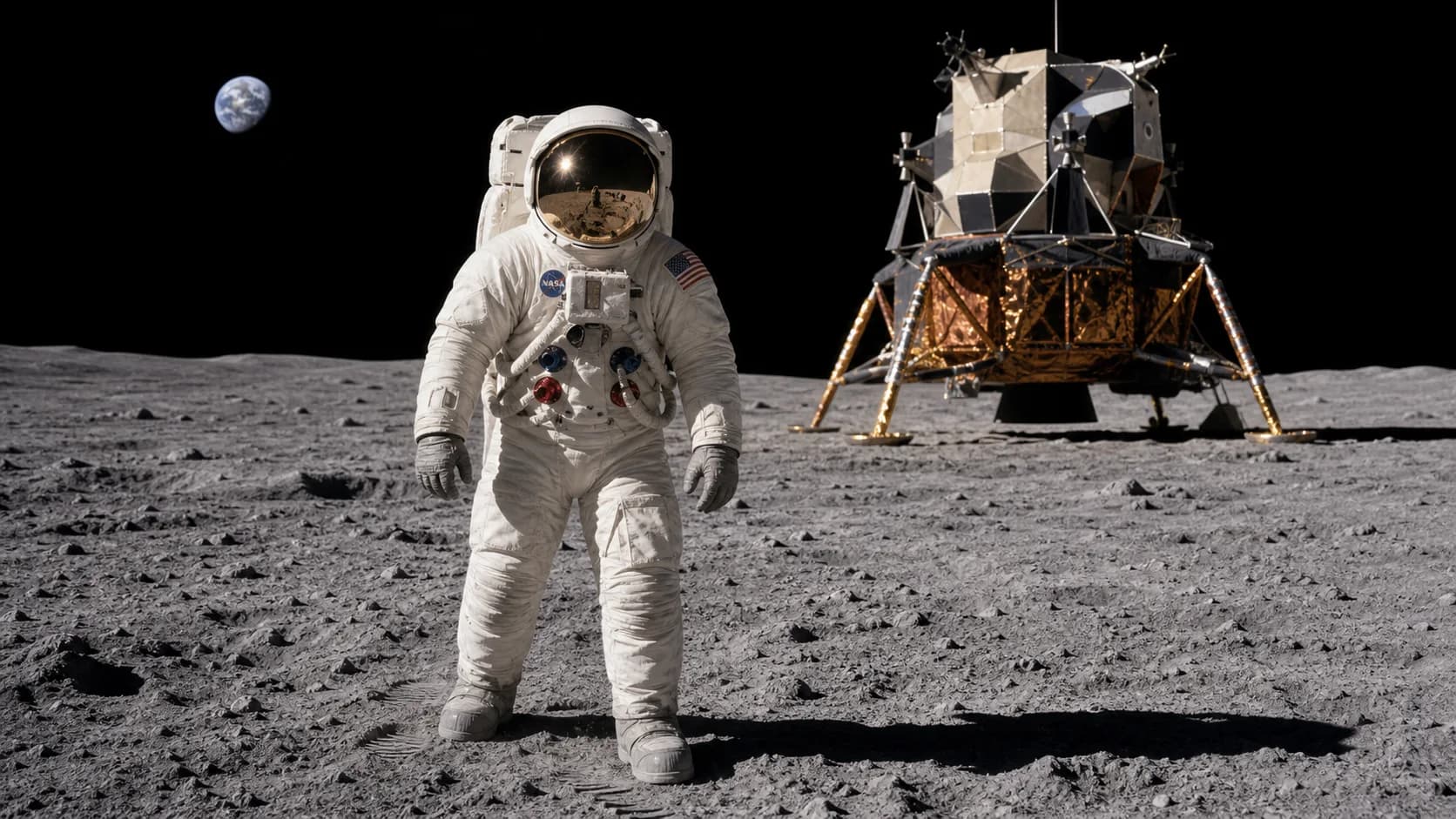 An astronaut stands on the surface of the Moon beside a lunar module, the Earth small in the black sky.