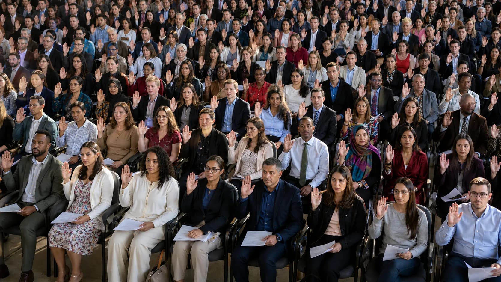 A hall of people from many different backgrounds raise their right hands as one, the many becoming one nation.