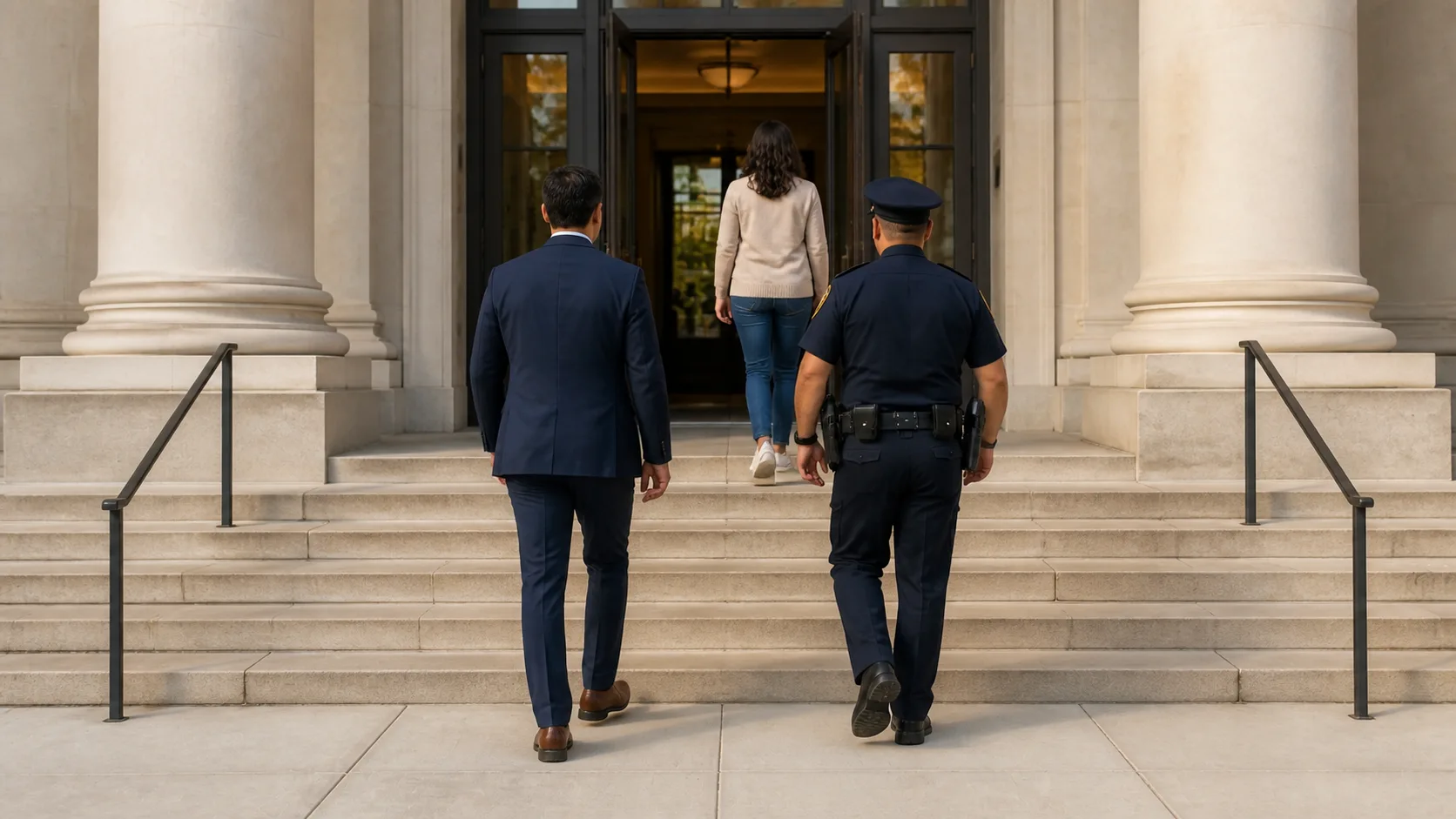 A man in a business suit, a woman, and a uniformed police officer climb the same courthouse steps side by side.