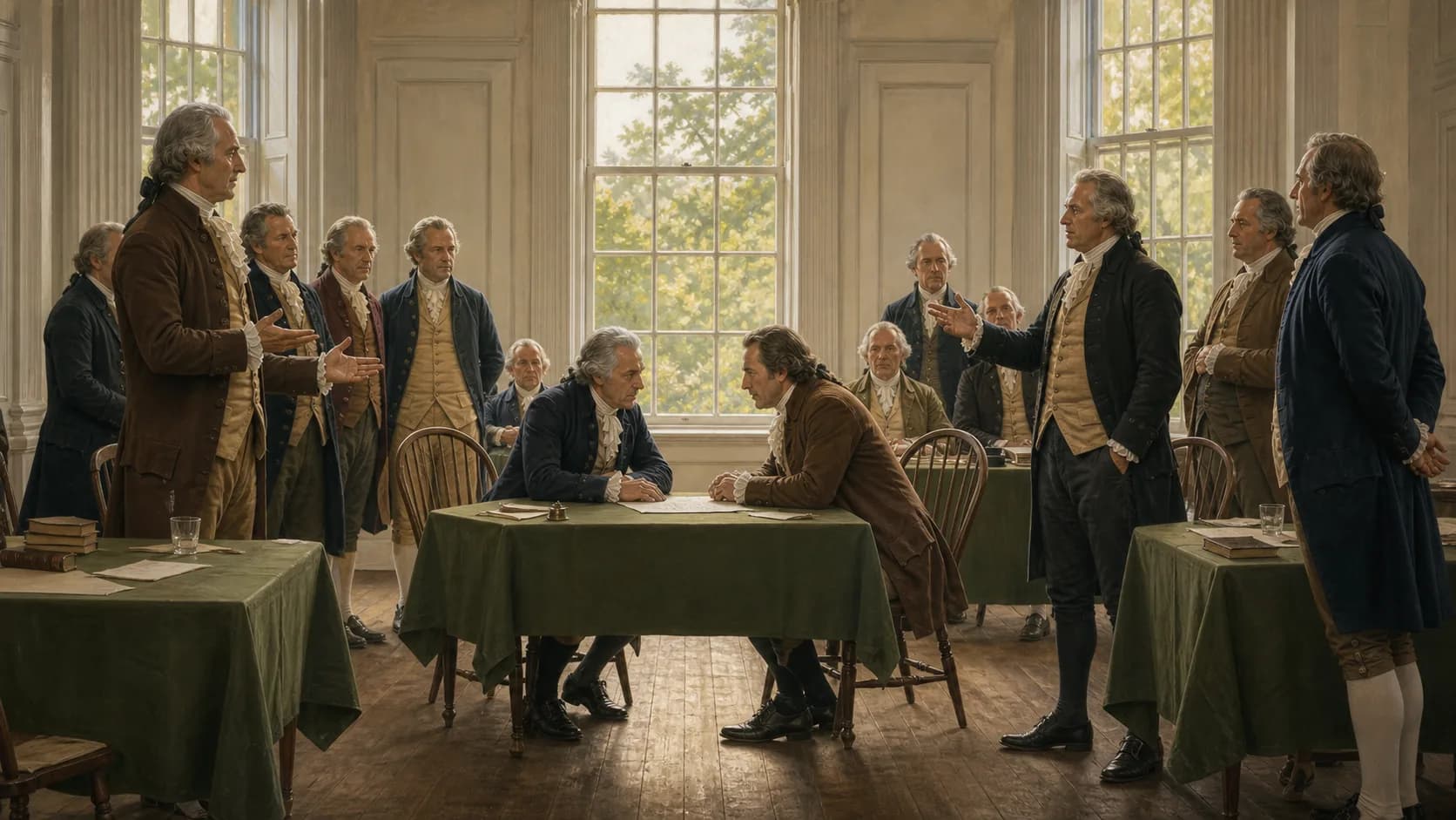 Delegates in colonial dress fill a convention hall, two of them seated facing one another across a small table as others debate.
