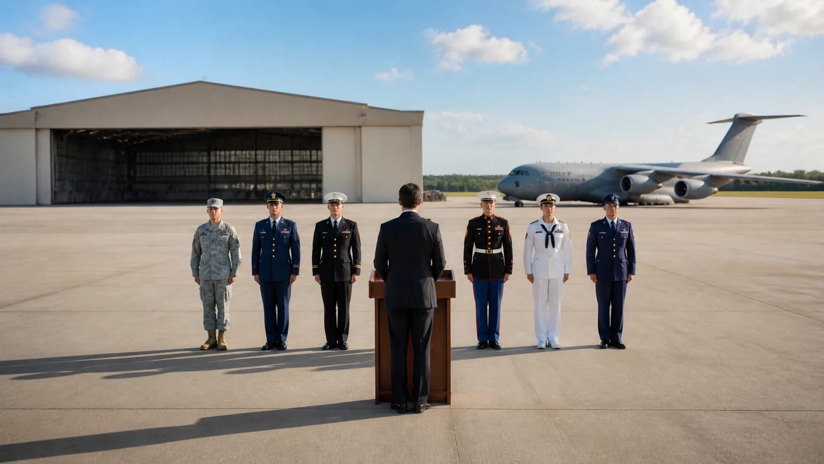 A figure at a lectern on an airfield addresses service members in the dress uniforms of every branch, a military aircraft parked behind them.