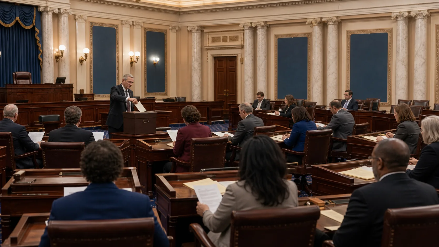 A teller places a folded ballot into a sealed wooden box at the front of a legislative chamber while members watch from their desks.