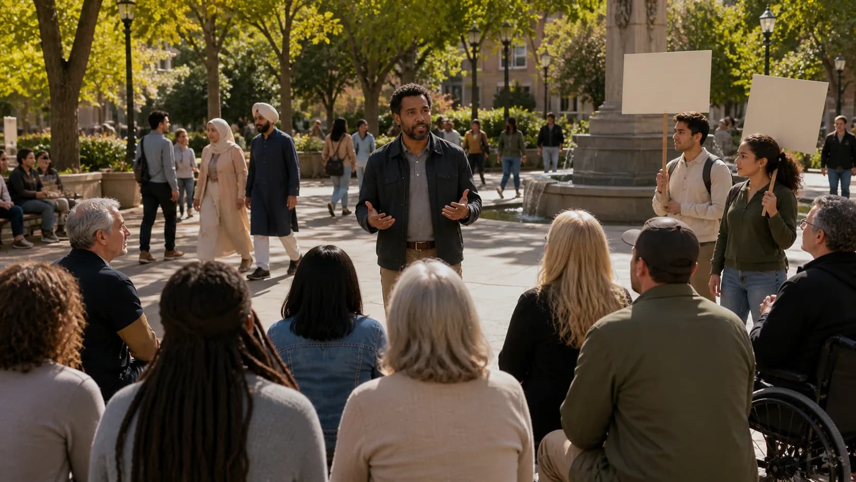 A man speaks to a gathered crowd in a public square while others stand nearby holding blank placards.