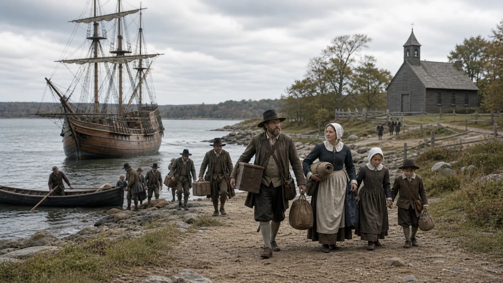 Families in seventeenth-century dress come ashore from a sailing ship and walk up a path toward a plain wooden meeting house.