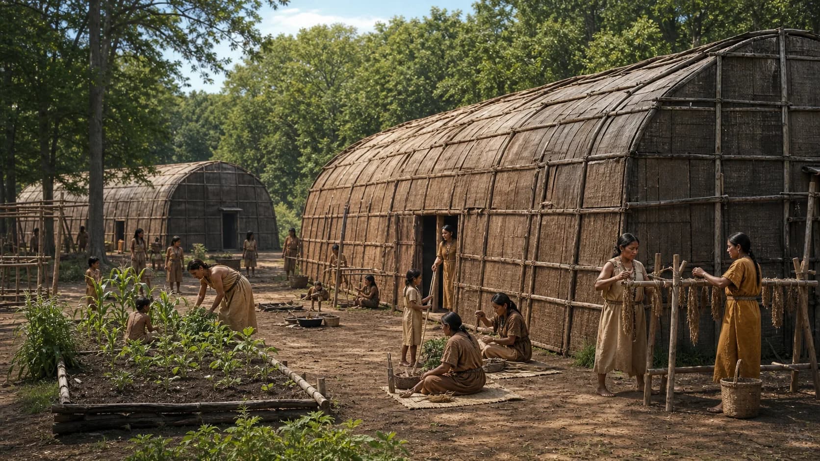 People tend crops and weave outside bark-covered longhouses in a wooded village.