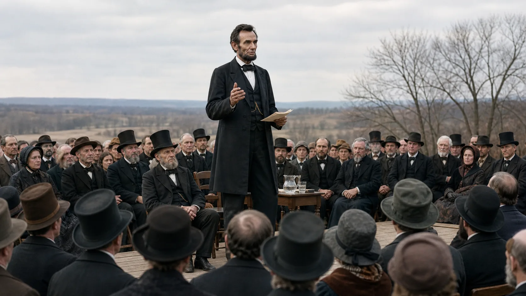 A tall man in a black frock coat speaks from a low platform to a crowd gathered on open ground.