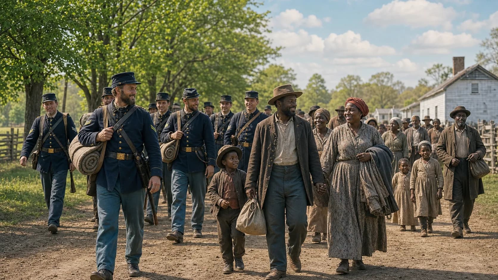 Union soldiers march along a country road alongside newly freed families carrying their belongings.